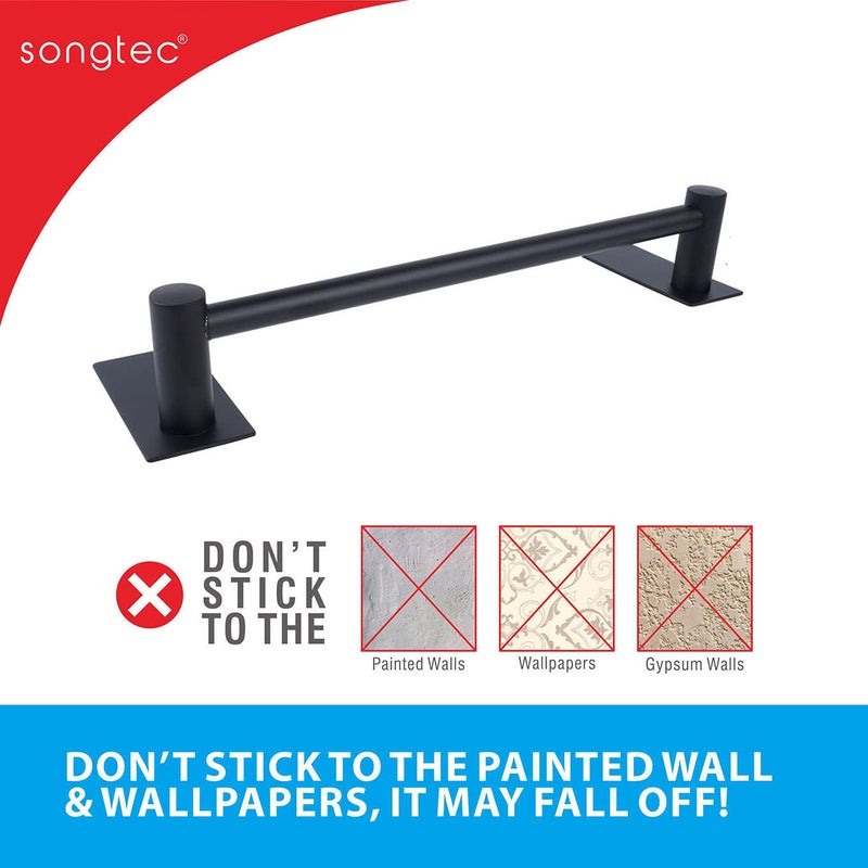 Songtec Stick Towel Bar Black 12-Inch  Adhesive Bath Towel Rack No Drill  Strong Adhesion Tape Mount Towel Holder  Stainless Steel - Black - Image 3